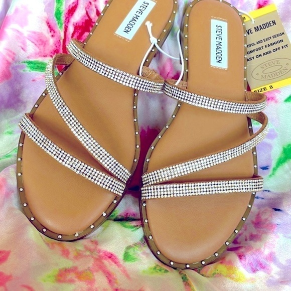 Brand New Steve Madden Rhinestone Multi Strap Slides Sandals Sparkle Studded - Picture 2 of 11